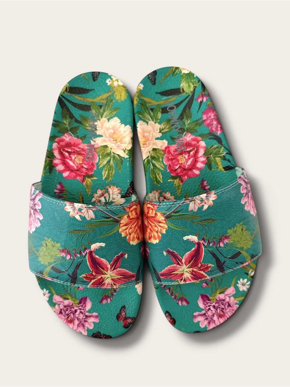 Johnny Was Teal Floral Slide Sandals - Picture 5 of 9